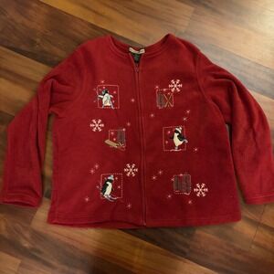 Natural Identity Red‎ Fleece Jacket Penguin Snowflakes Winter Holiday Women 1XL